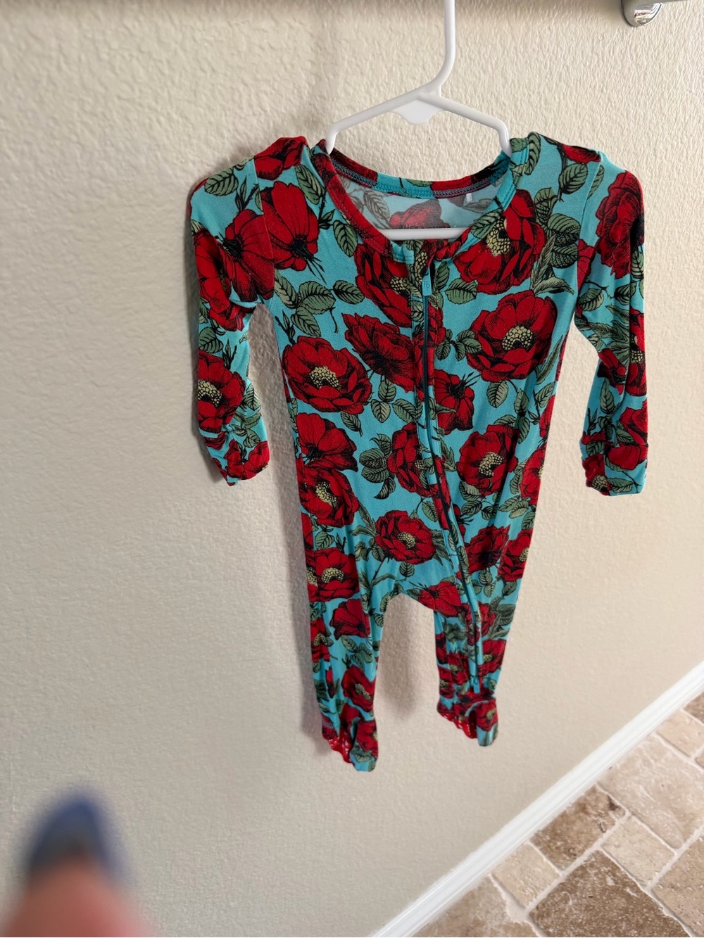 Posh Peanut Turquoise and Red Floral Footed One-Piece